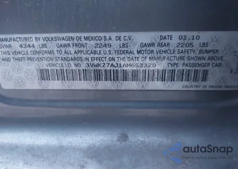 2010 Volkswagen Jetta S from USA, damaged, VIN 3VWKZ7AJ1AM653320